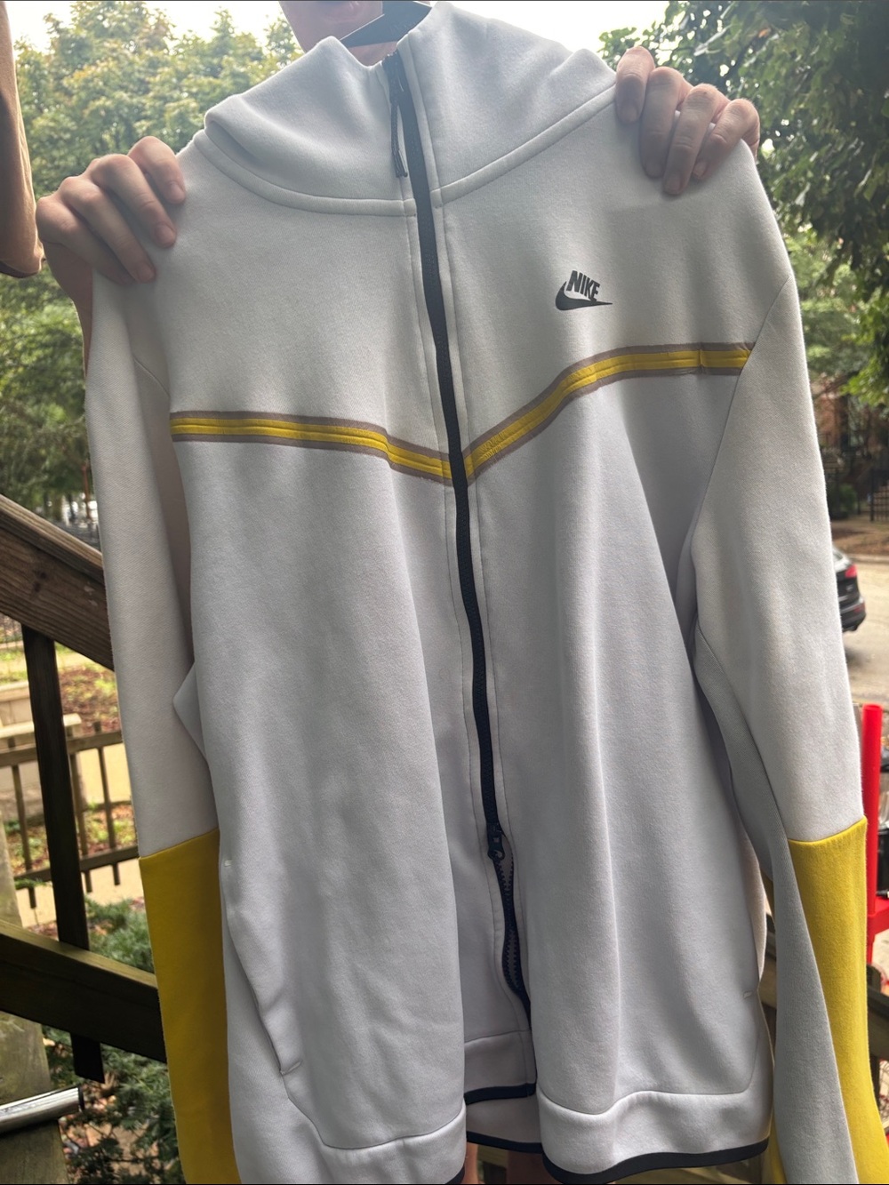 Nike Men’s White Zip-Up Sweater with Yellow Accents